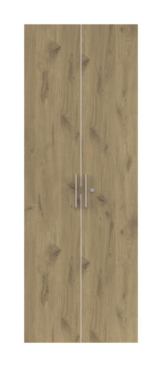 Zweiflügelige Holztür mit natürlicher Holzmaserung und silbernen Griffen, Frontalansicht
