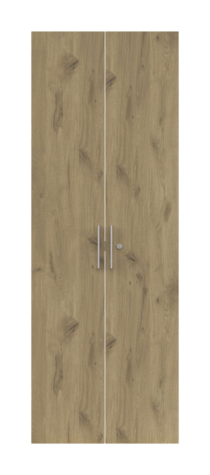 Zweiflügelige Holztür mit natürlicher Holzmaserung und silbernen Griffen, Frontalansicht