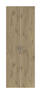 Zweiflügelige Holztür mit natürlicher Holzmaserung und silbernen Griffen, Frontalansicht