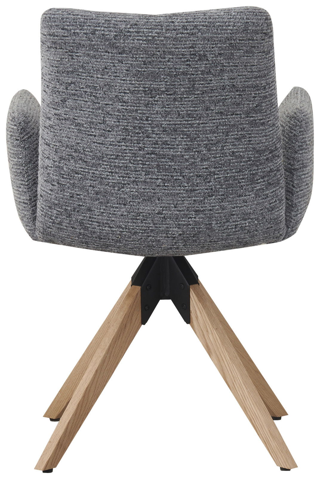 Rückansicht eines grauen Armlehnstuhls mit Holzbeinen