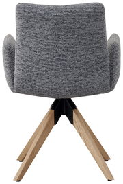 Rückansicht eines grauen Armlehnstuhls mit Holzbeinen