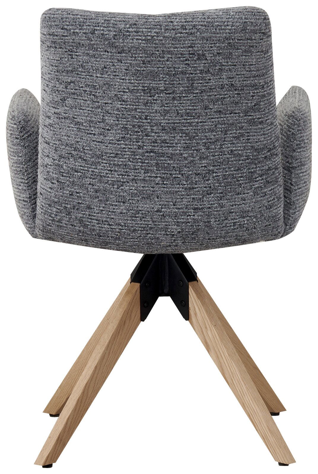 Rückansicht eines grauen Armlehnstuhls mit Holzbeinen