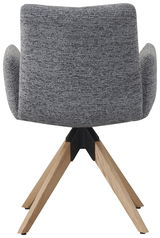 Rückansicht eines grauen Armlehnstuhls mit Holzbeinen