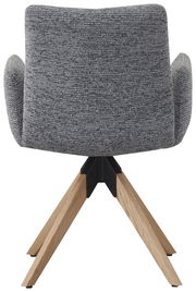 Rückansicht eines grauen Armlehnstuhls mit Holzbeinen