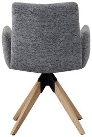 Rückansicht eines grauen Armlehnstuhls mit Holzbeinen