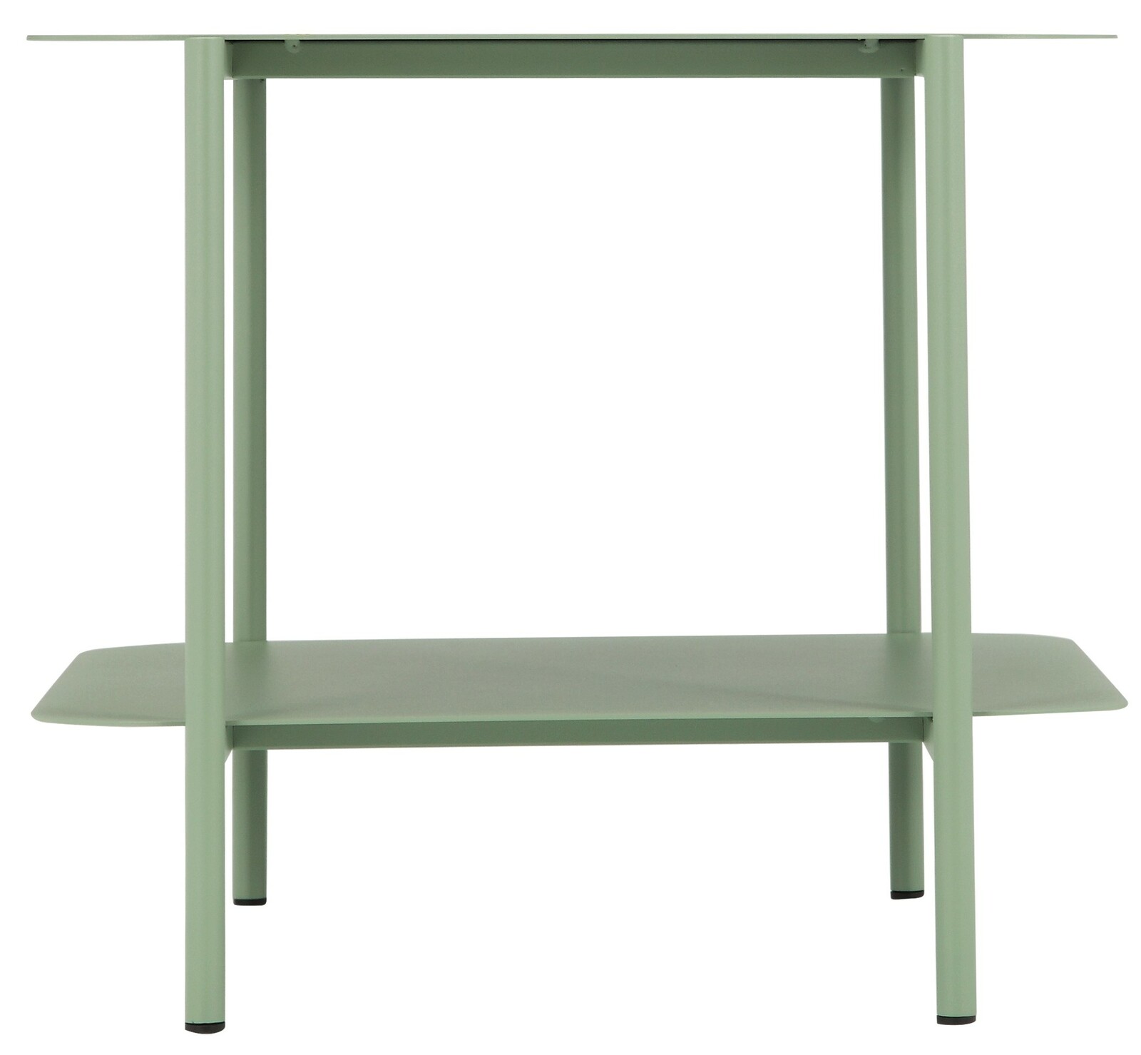 Moderner grüner Beistelltisch aus Metall mit zwei Ebenen, frontal betrachtet.
