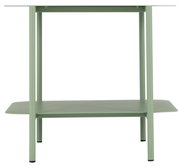 Moderner grüner Beistelltisch aus Metall mit zwei Ebenen, frontal betrachtet.