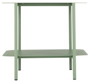 Moderner grüner Beistelltisch aus Metall mit zwei Ebenen, frontal betrachtet.