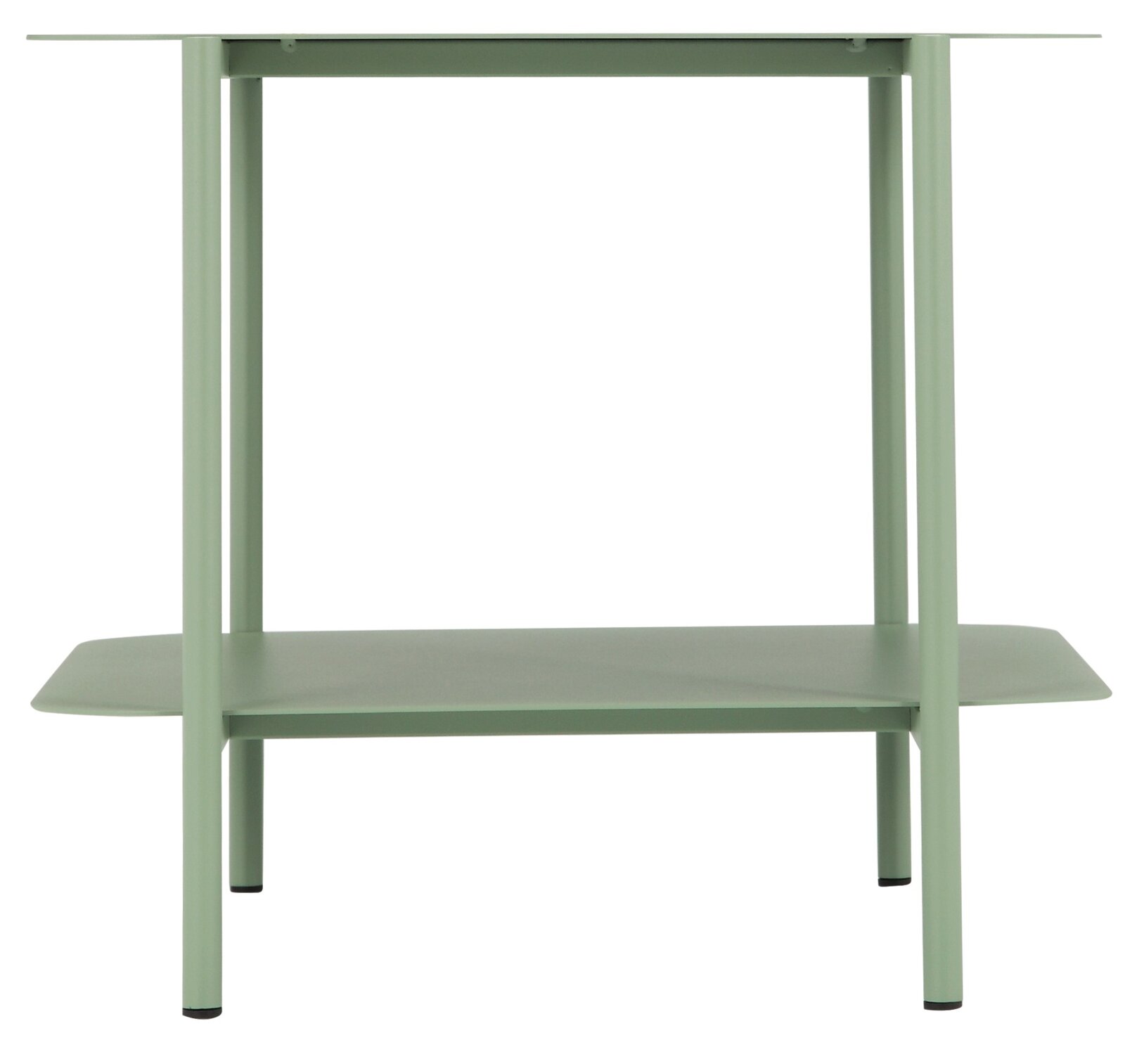 Moderne groene bijzettafel van metaal met twee niveaus, gezien vanaf de voorkant.