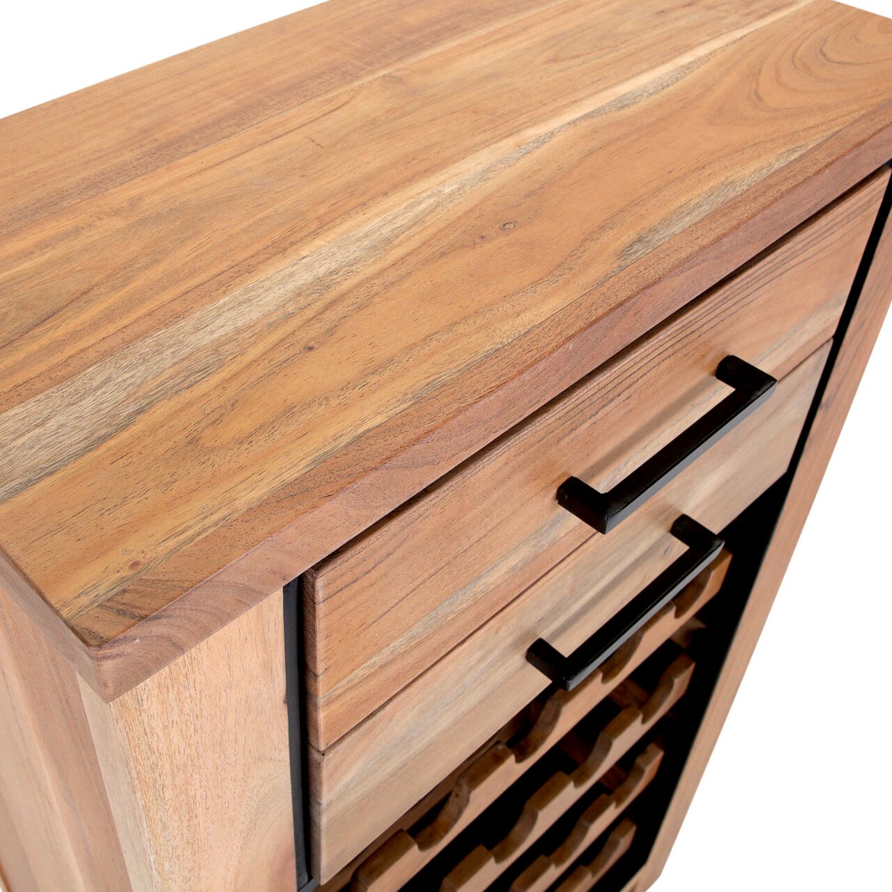 Weinregal aus Holz mit schwarzem Metallgriff, Ansicht von oben