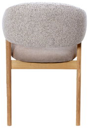 Rückansicht eines Armlehnstuhls mit gepolsterter Rückenlehne und Sitzfläche, Holzbeine, Stoffbezug in neutralen Tönen.