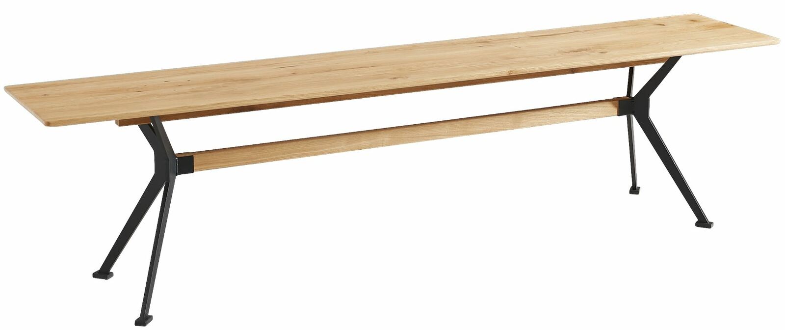 Holz-Sitzbank mit Metallbeinen, seitliche Perspektive