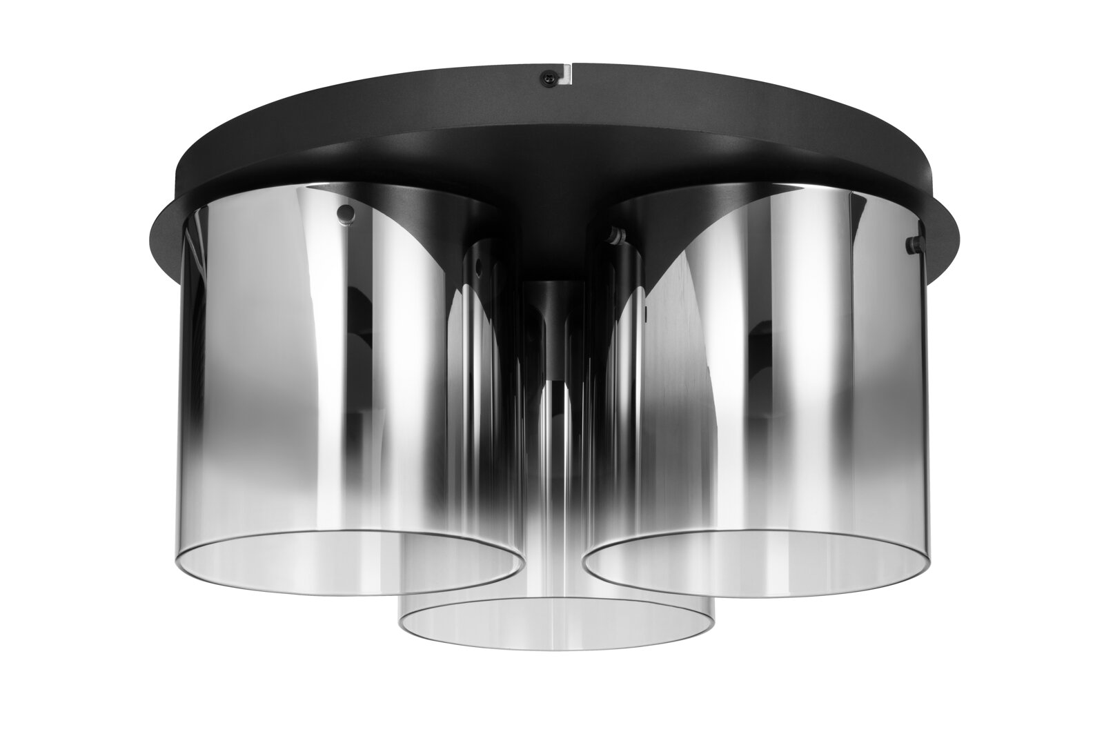Moderne LED-Deckenleuchte mit drei zylindrischen, metallischen Schirmen, Ansicht von unten.
