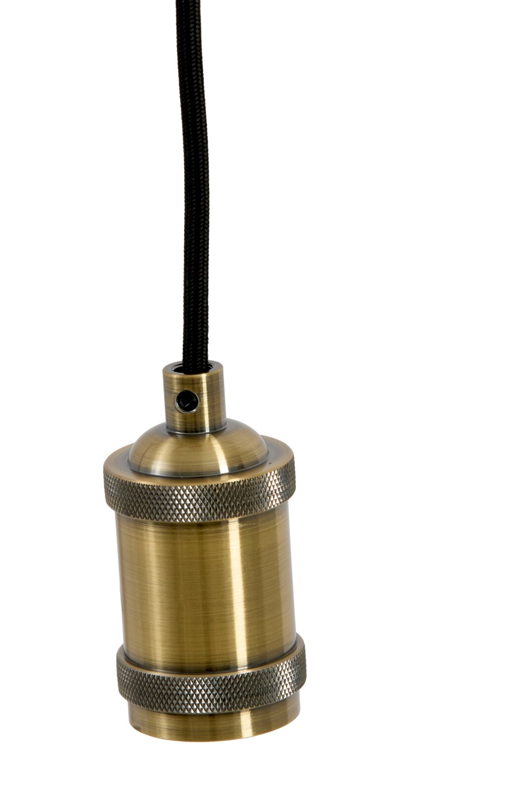 Vintage messingkleurige hanglampfitting met zwarte gevlochten kabel, schuin van voren afgebeeld tegen een witte achtergrond
