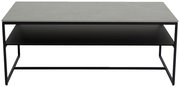 Moderner Couchtisch mit grauer Tischplatte und schwarzem Metallgestell, frontal betrachtet.