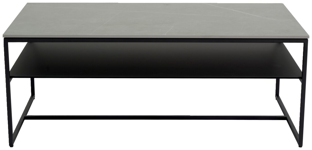 Moderner Couchtisch mit grauer Tischplatte und schwarzem Metallgestell, frontal betrachtet.