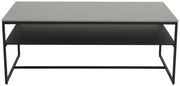 Moderner Couchtisch mit grauer Tischplatte und schwarzem Metallgestell, frontal betrachtet.