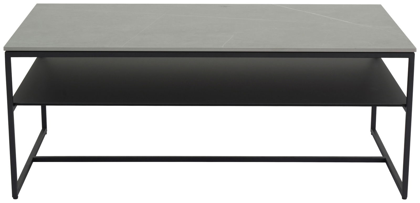 Moderner Couchtisch mit grauer Tischplatte und schwarzem Metallgestell, frontal betrachtet.