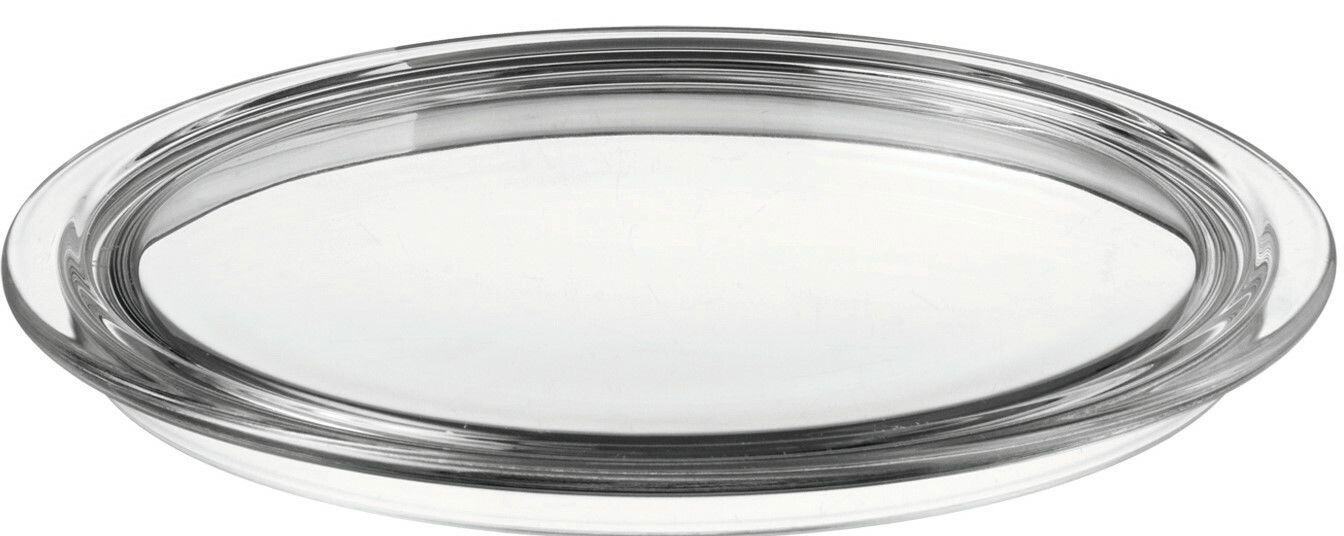 Transparente Tortenplatte aus Glas, seitliche Perspektive