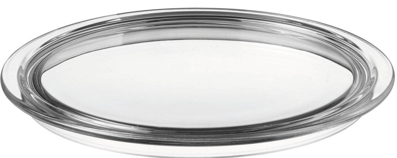 Transparente Tortenplatte aus Glas, seitliche Perspektive