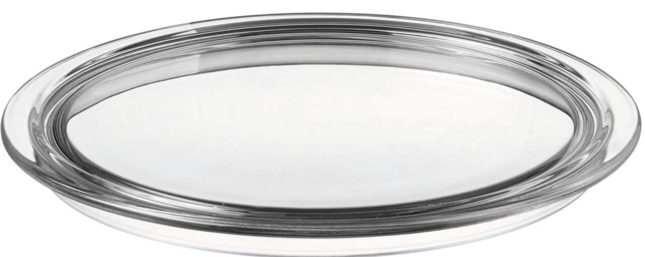 Transparente Tortenplatte aus Glas, seitliche Perspektive