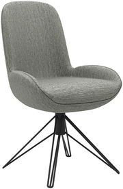 Moderner Stuhl mit grauem Stoffbezug und schwarzem Metallgestell, seitliche Perspektive