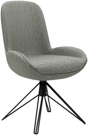 Moderner Stuhl mit grauem Stoffbezug und schwarzem Metallgestell, seitliche Perspektive