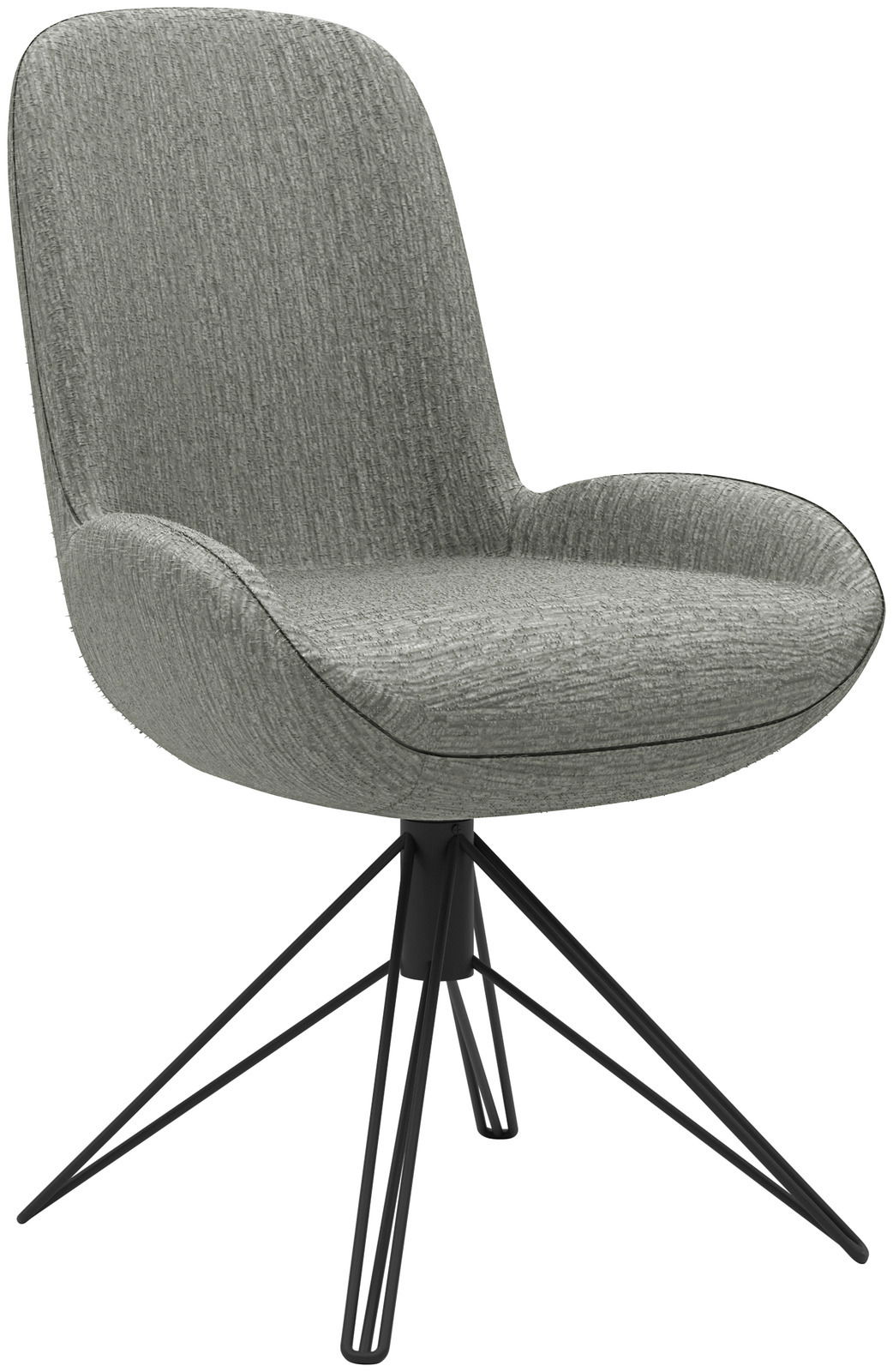 Moderner Stuhl mit grauem Stoffbezug und schwarzem Metallgestell, seitliche Perspektive