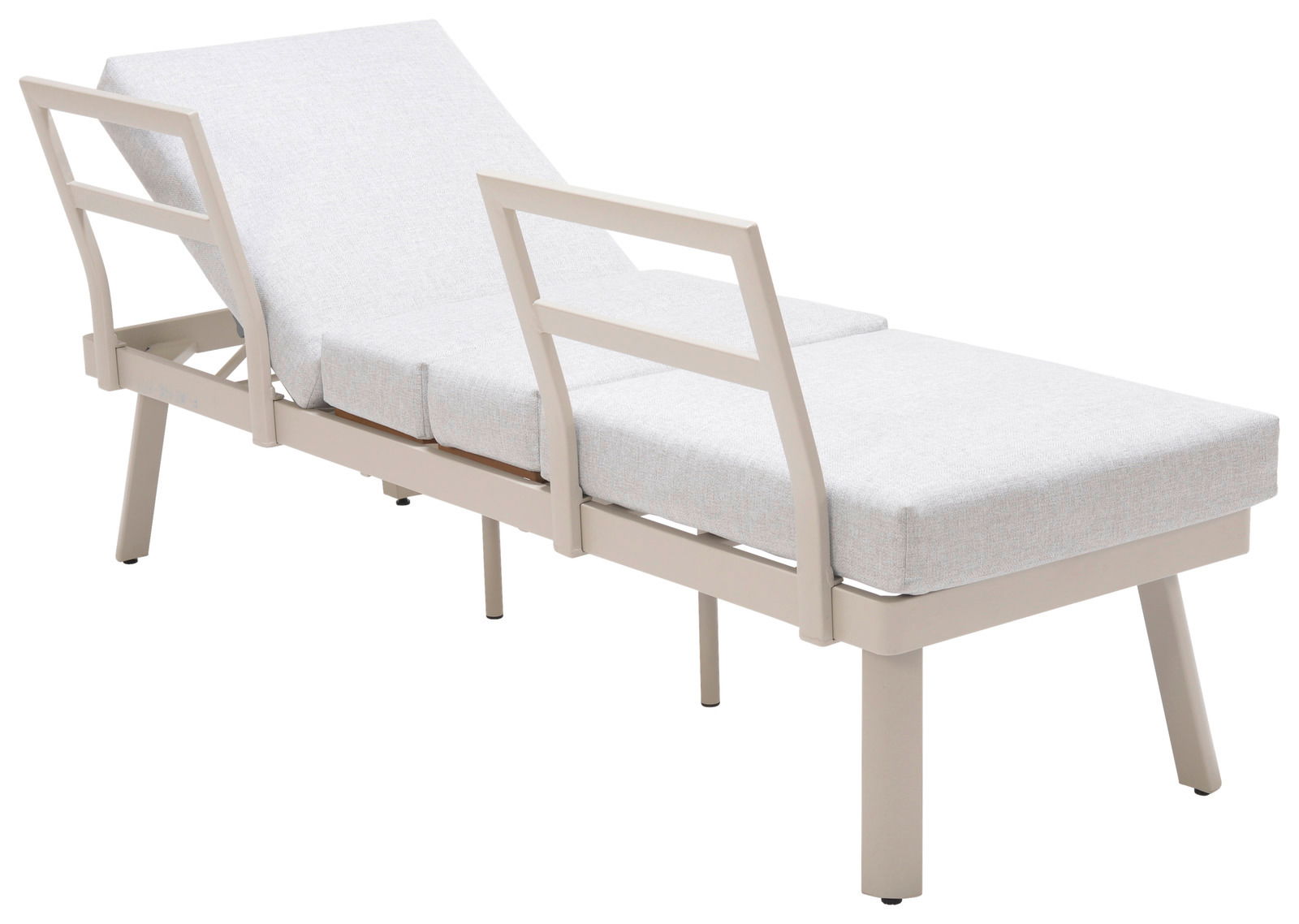 Seitliche Ansicht einer modernen Lounge-Liege mit verstellbarer Rückenlehne und hellgrauen Polstern.