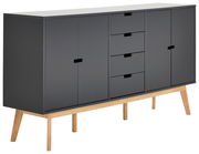 Modernes Sideboard in dunklem Grau mit Holzbeinen, seitliche Perspektive