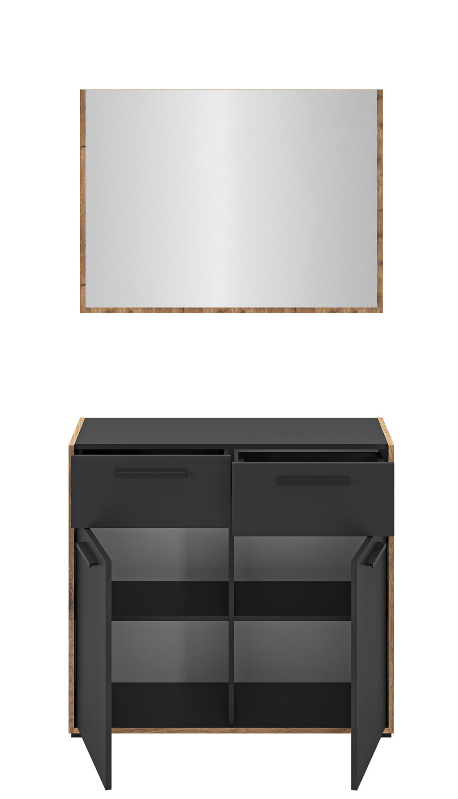 Badezimmer-Waschtisch mit Holzrahmen und mattschwarzen Fronten, zwei Schubladen und zwei geöffneten Türen mit Innenfächern; darüber rechteckiger Spiegel im Holzrahmen, Frontansicht