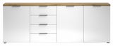 Frontansicht eines modernen XL-Sideboards mit weißer Oberfläche und Holzplatte, ausgestattet mit Schubladen und Türen.