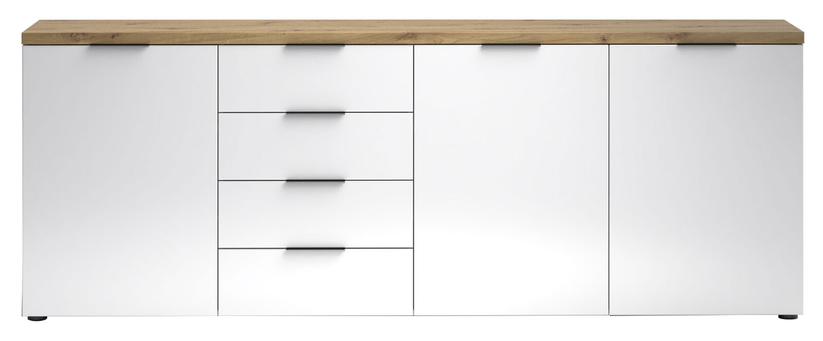 Frontansicht eines modernen XL-Sideboards mit weißer Oberfläche und Holzplatte, ausgestattet mit Schubladen und Türen.