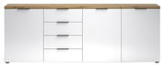 Frontansicht eines modernen XL-Sideboards mit weißer Oberfläche und Holzplatte, ausgestattet mit Schubladen und Türen.