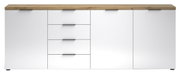 Vooraanzicht van een modern XL-dressoir met een wit oppervlak en een houten blad, voorzien van lades en deuren.