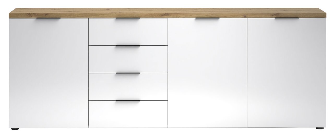 Vooraanzicht van een modern XL-dressoir met een wit oppervlak en een houten blad, voorzien van lades en deuren.