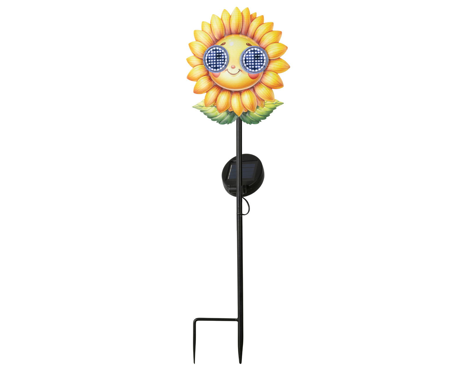 Frontalansicht einer Solar Stabbeleuchtung in Form einer lächelnden Sonnenblume mit Sonnenbrille, montiert auf einem schwarzen Stab mit Solarpanel.