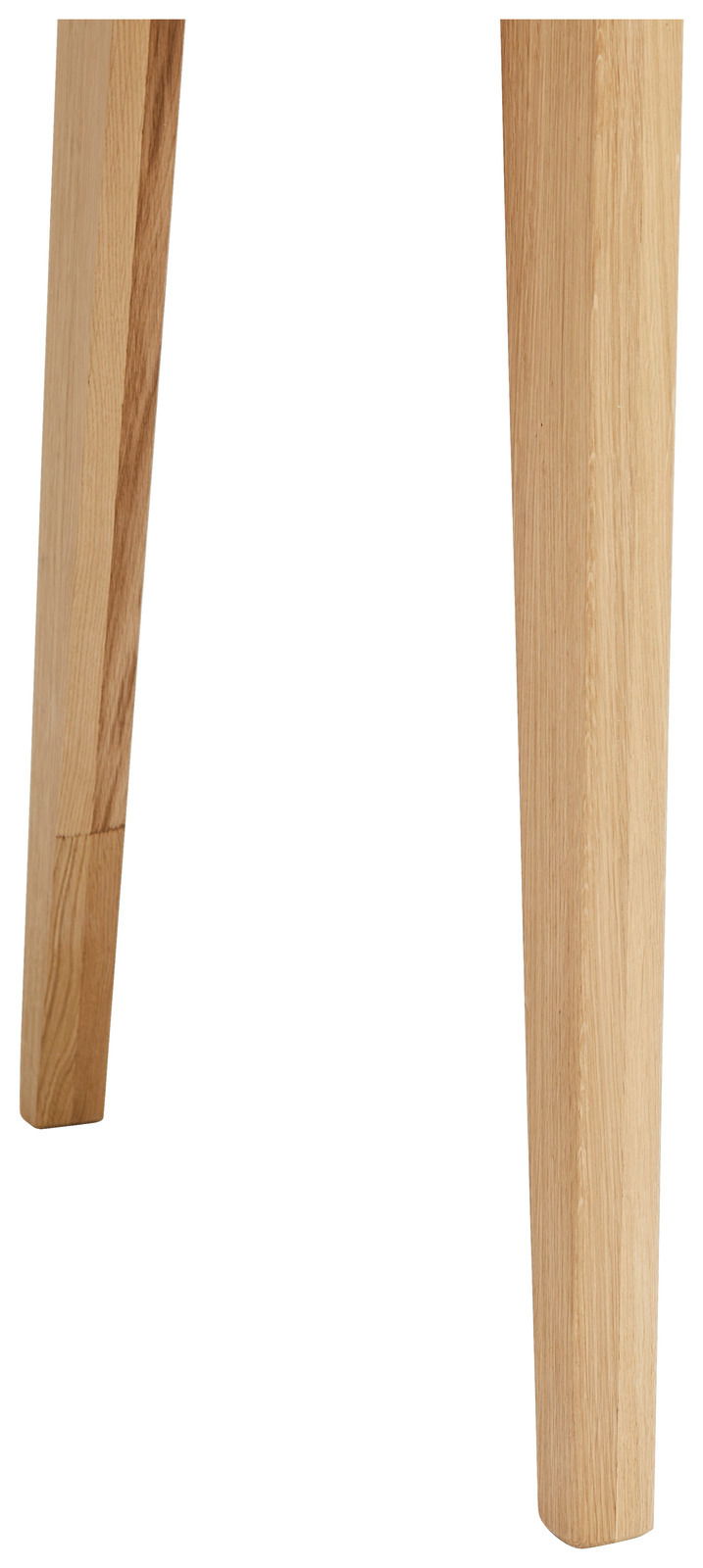 Nahaufnahme von zwei Tischbeinen aus hellem Holz, perspektivisch von der Seite betrachtet.