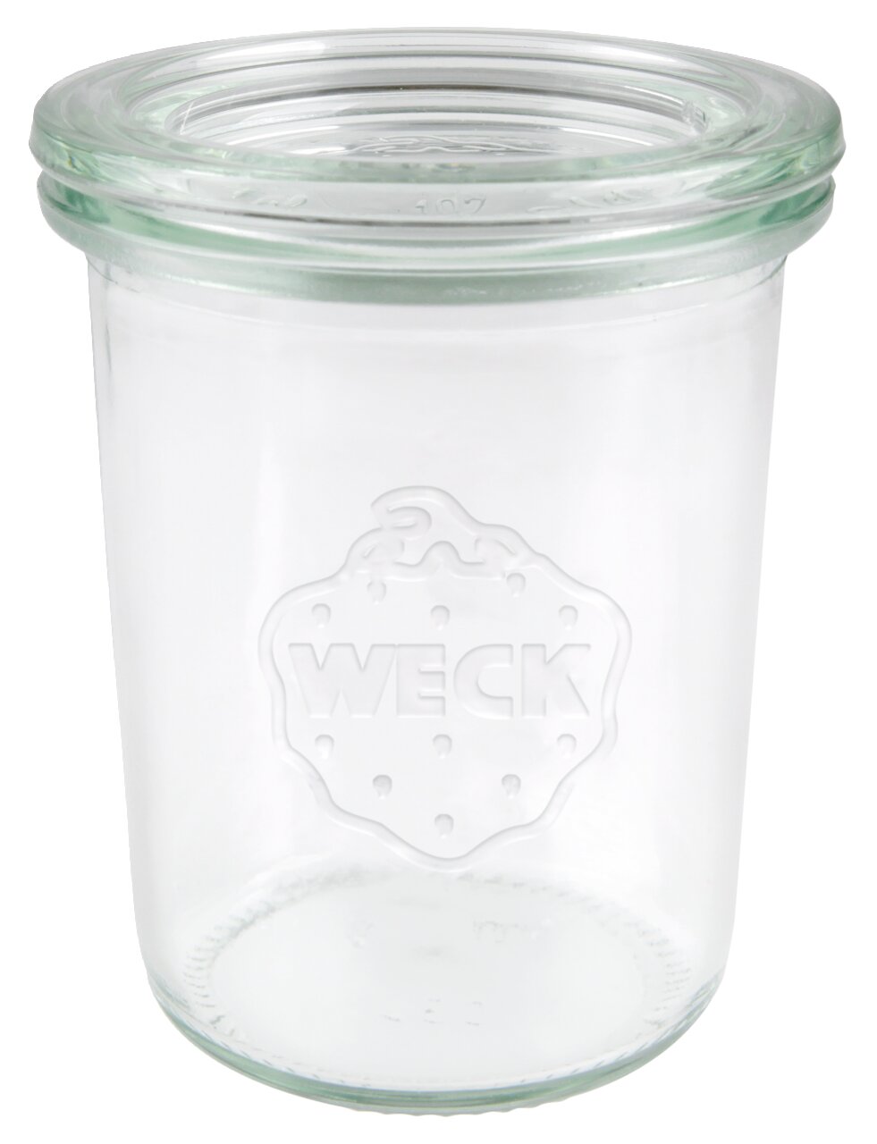 Einkochwelt Vor- & Nachspeisenglas WECK Glas mit Deckel, 160ml, von vorne fotografiert, mit WECK-Logo.