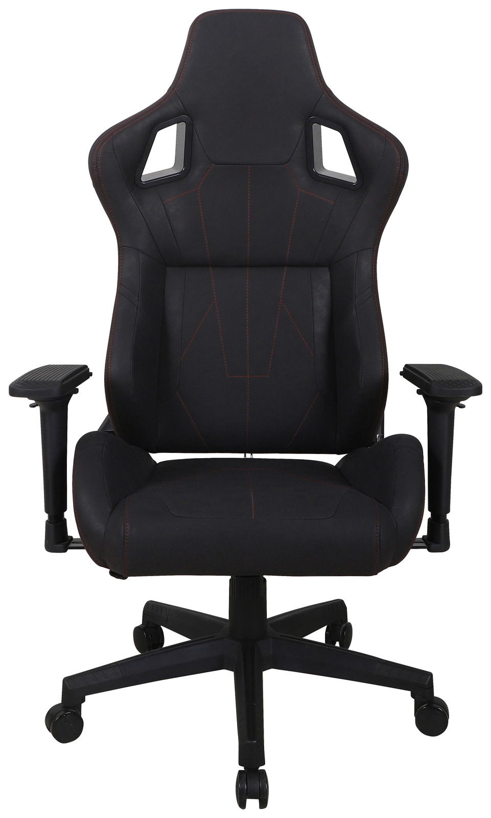 Schwarzer Gaming-Stuhl mit roten Nähten, Vorderansicht