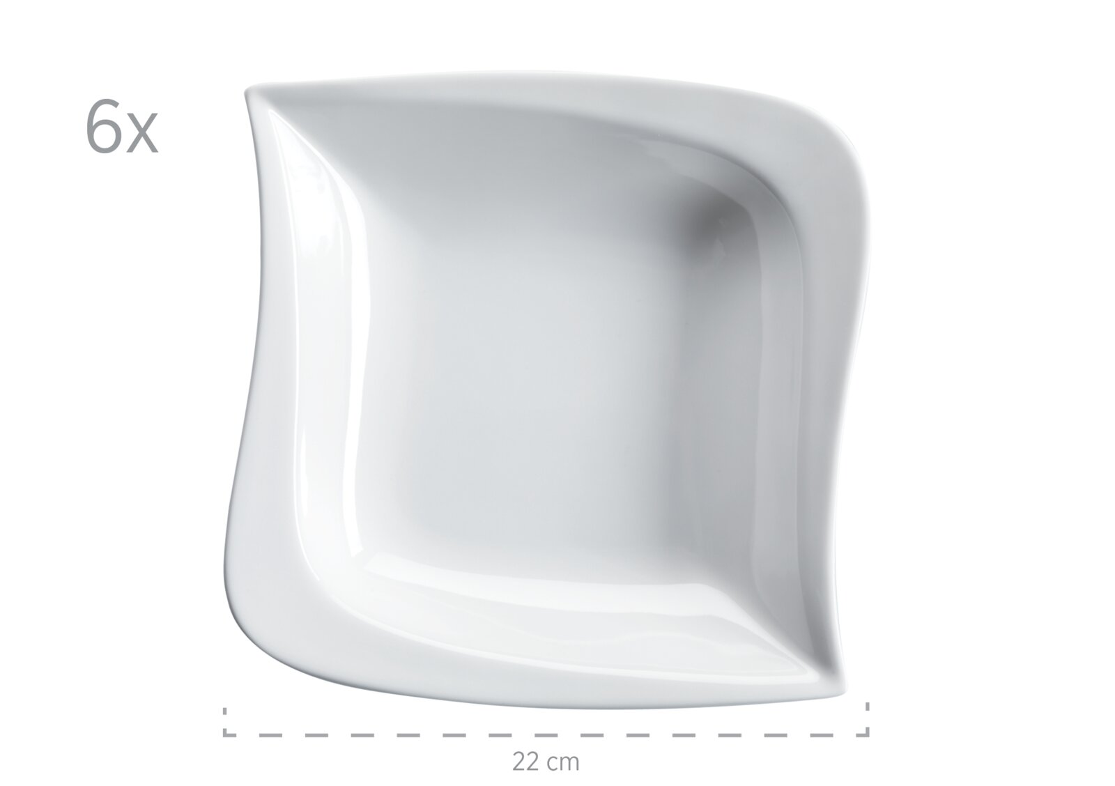 Weißer, quadratischer Dessertteller mit abgerundeten Ecken und leicht geschwungenem Rand, 22 cm, im 6er-Set; Draufsicht von oben auf weißem Hintergrund.