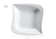 Weißer, quadratischer Dessertteller mit abgerundeten Ecken und leicht geschwungenem Rand, 22 cm, im 6er-Set; Draufsicht von oben auf weißem Hintergrund.