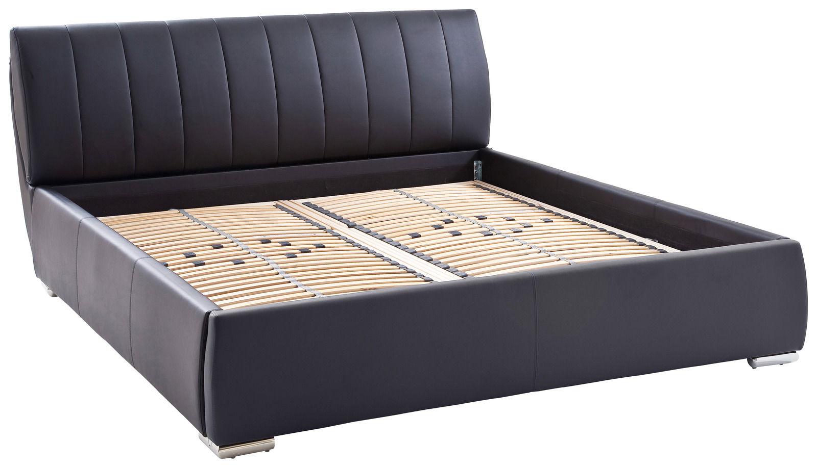 Polsterbett mit schwarzem Bezug und Lattenrost, seitliche Perspektive