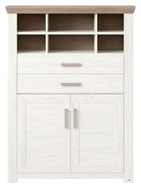 Weißes Highboard mit Holzoptik, zwei Schubladen und vier offenen Fächern, Frontalansicht