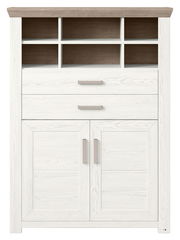 Weißes Highboard mit Holzoptik, zwei Schubladen und vier offenen Fächern, Frontalansicht