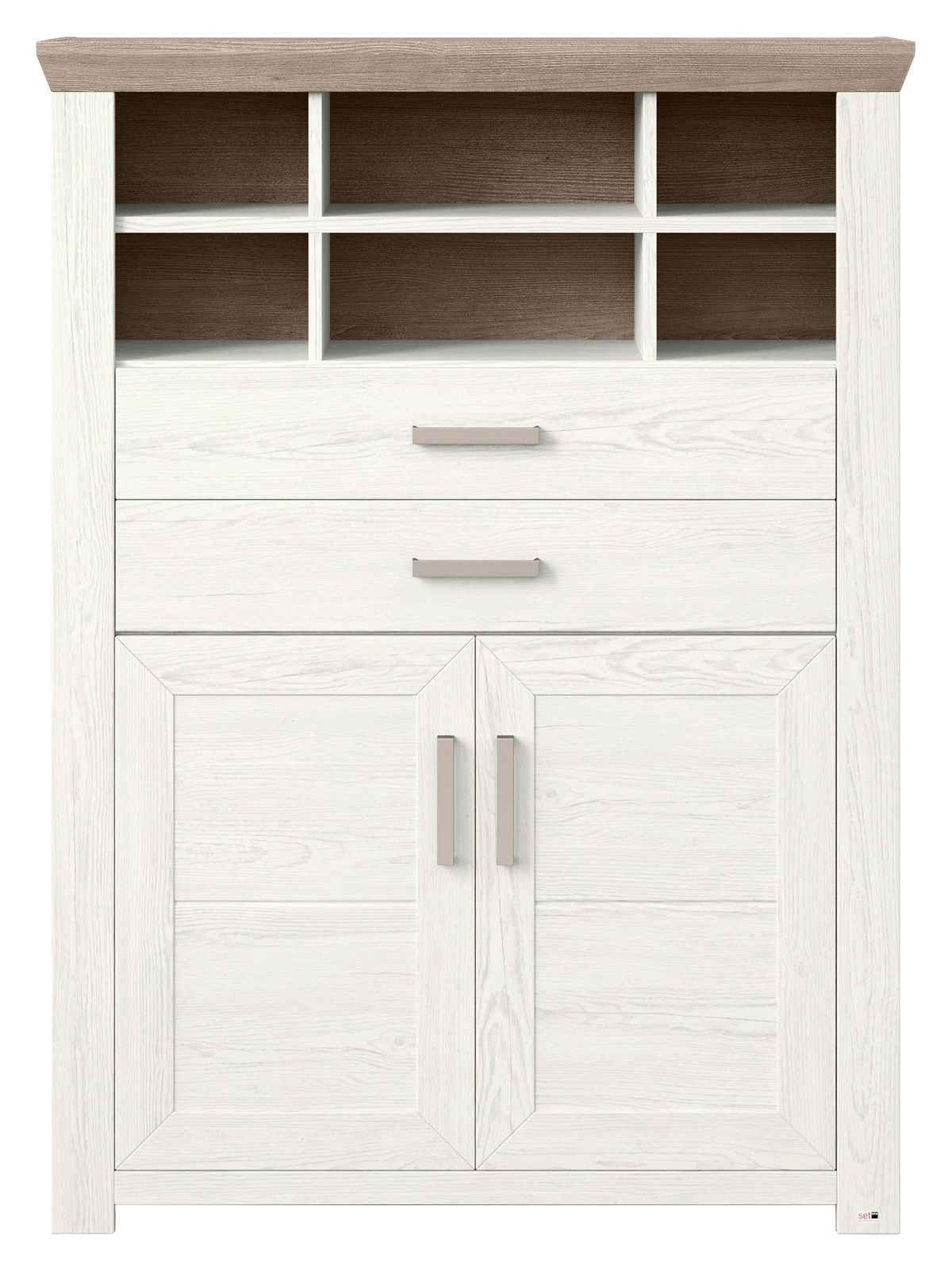 Weißes Highboard mit Holzoptik, zwei Schubladen und vier offenen Fächern, Frontalansicht