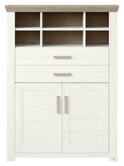 Weißes Highboard mit Holzoptik, zwei Schubladen und vier offenen Fächern, Frontalansicht