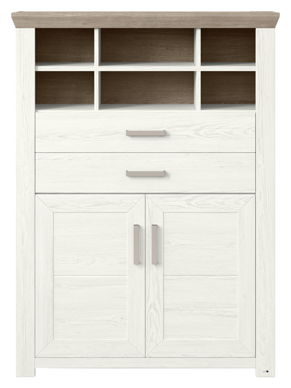 Weißes Highboard mit Holzoptik, zwei Schubladen und vier offenen Fächern, Frontalansicht