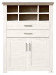 Weißes Highboard mit Holzoptik, zwei Schubladen und vier offenen Fächern, Frontalansicht