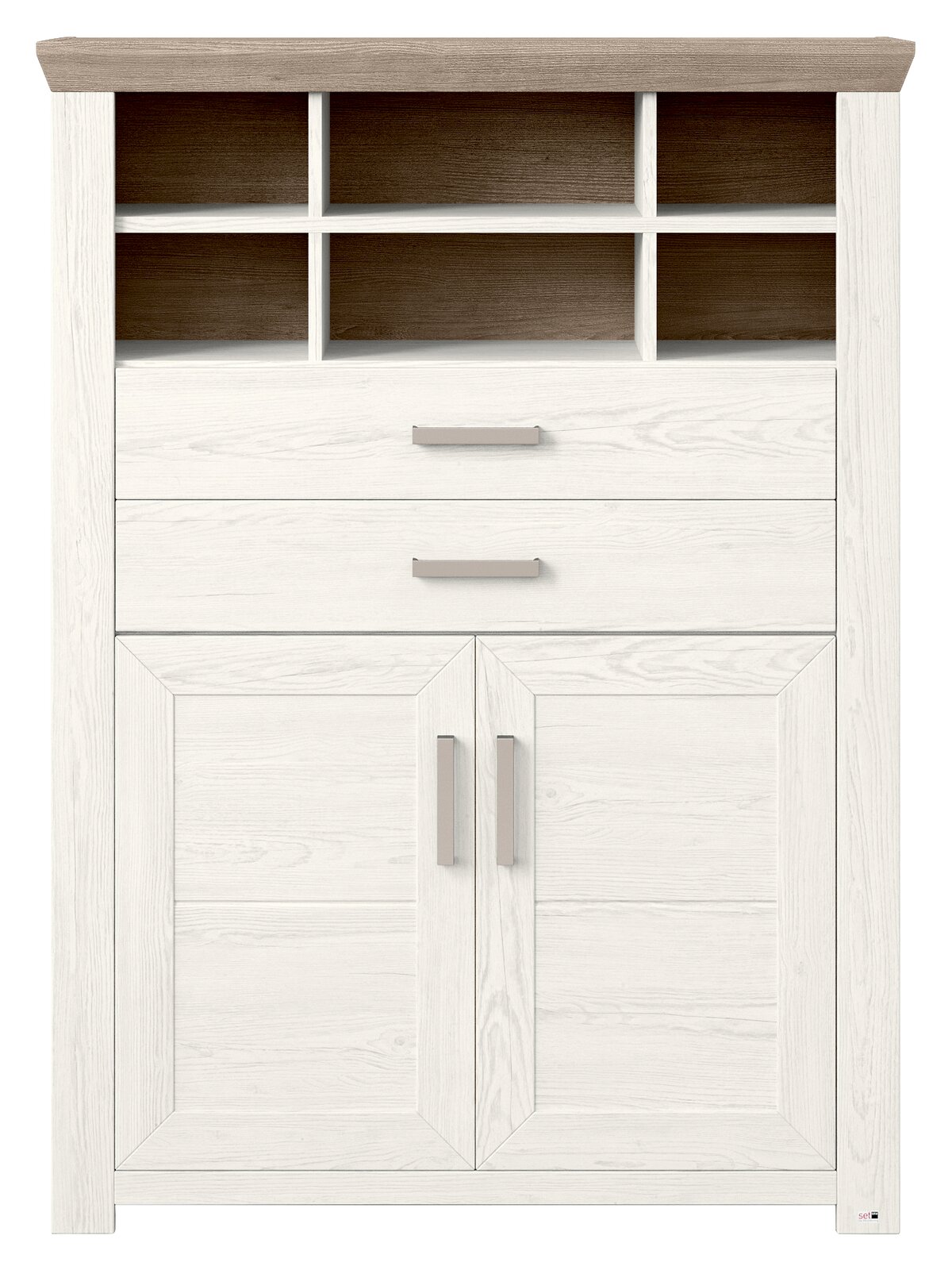 Weißes Highboard mit Holzoptik, zwei Schubladen und vier offenen Fächern, Frontalansicht